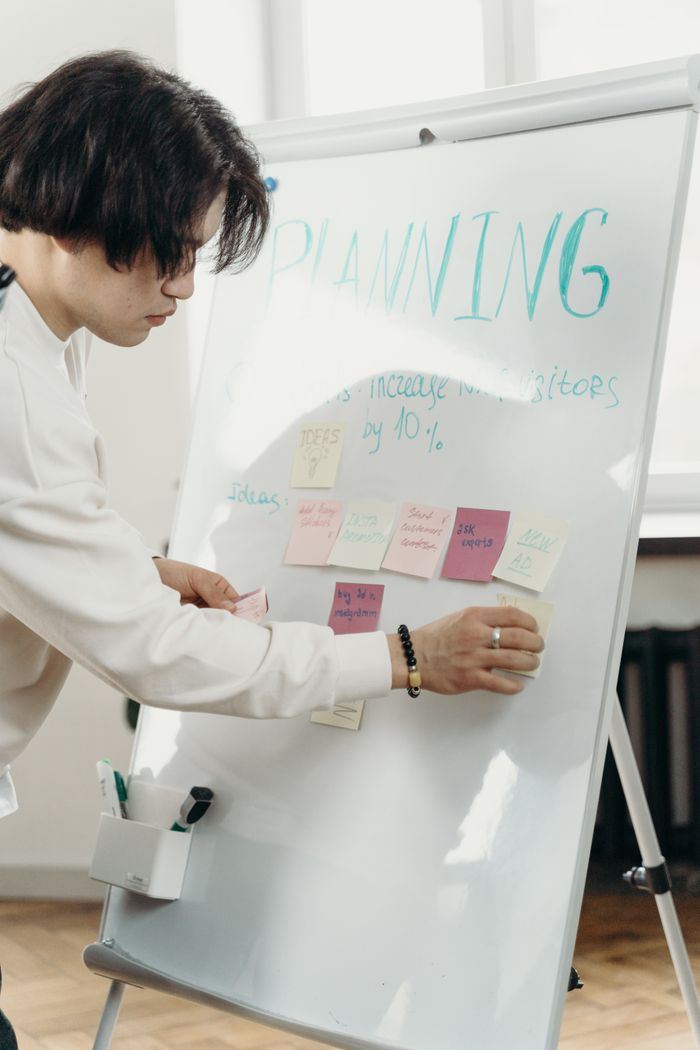 Crafting Captivating Headlines: Your awesome post title goes here A professional engaged in a brainstorming session, organizing ideas on a whiteboard with sticky notes.
